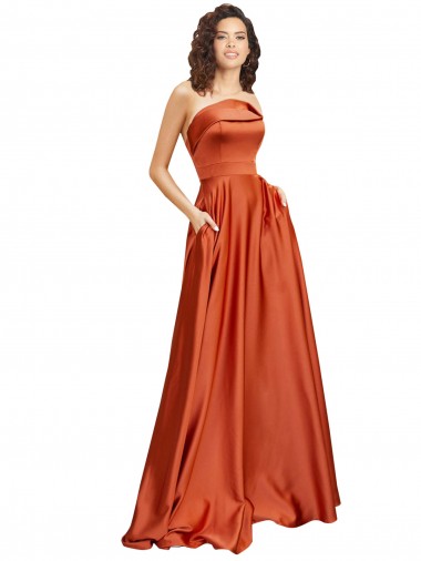 Strapless Sweep Train Silky Satin Prom Dress with Pleats UK Clearance