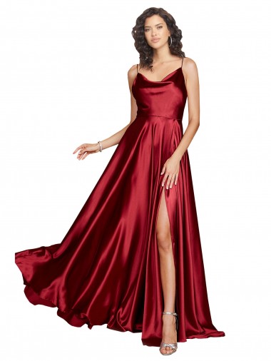 Cowl Neckline Long Silky Satin Prom Dress with Spaghetti Straps UK Clearance