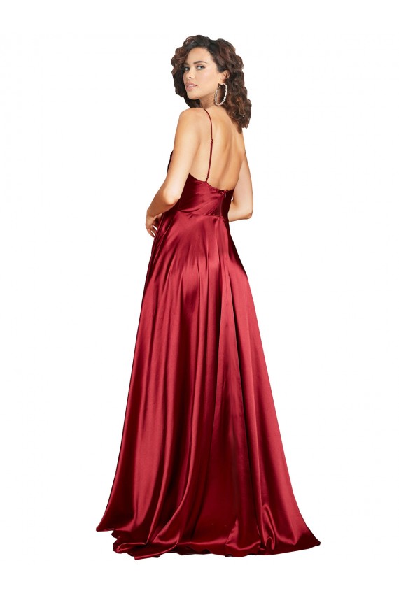 Cowl Neckline Long Silky Satin Prom Dress with Spaghetti Straps UK Clearance