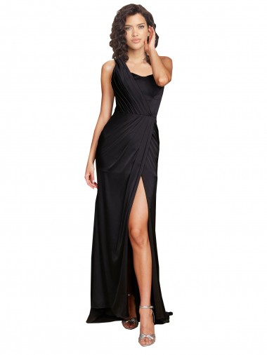 Full Length One Shoulder Ruffled Long Silky Satin Prom Dress with High Slit UK Clearance