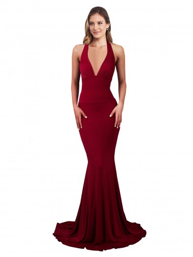 Halter Mermaid Plunge V-Neckline Open Back Bow Tie Spandex Prom Dress UK Clearance