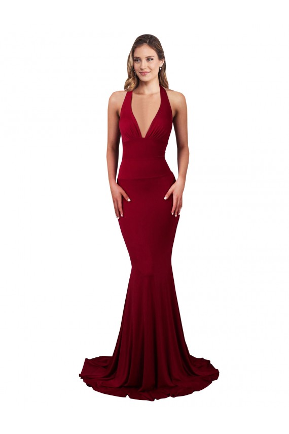 Halter Mermaid Plunge V-Neckline Open Back Bow Tie Spandex Prom Dress UK Clearance