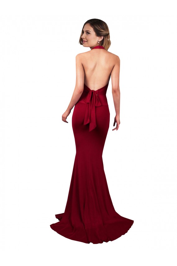 Halter Mermaid Plunge V-Neckline Open Back Bow Tie Spandex Prom Dress UK Clearance