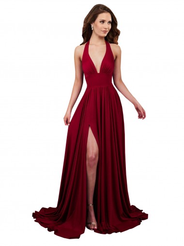 A-Line Halter Plunge V-Neckline Open Back Spandex Prom Dress with Slit UK Clearance