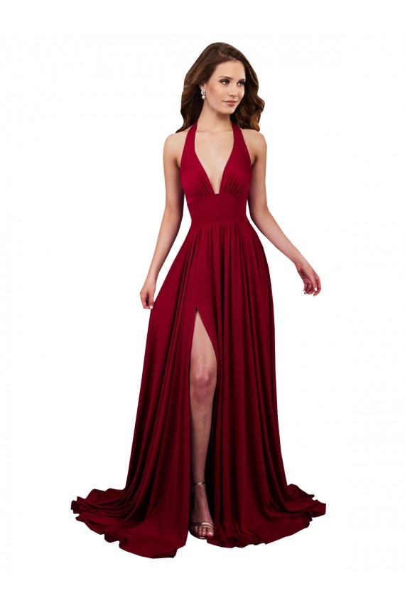 A-Line Halter Plunge V-Neckline Open Back Spandex Prom Dress with Slit UK Clearance