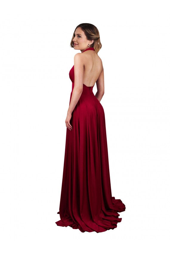 A-Line Halter Plunge V-Neckline Open Back Spandex Prom Dress with Slit UK Clearance