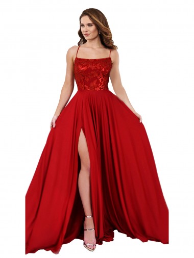 Lace Over Bodice Long Spandex Prom Dress with Slit UK Clearance