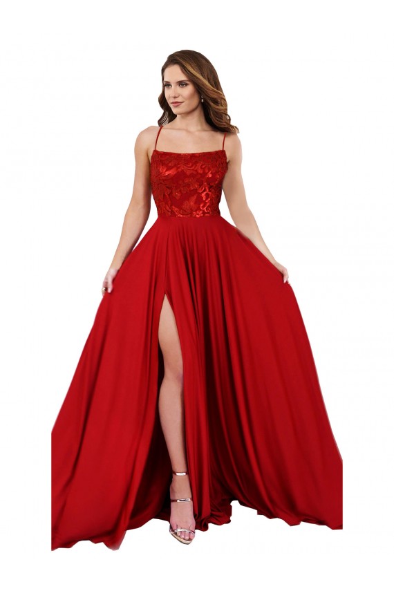 Lace Over Bodice Long Spandex Prom Dress with Slit UK Clearance