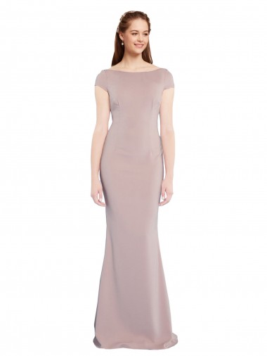 Boat Neck Cap Sleeve Crepe Prom Dress with Plunging Tie Back UK Clearance