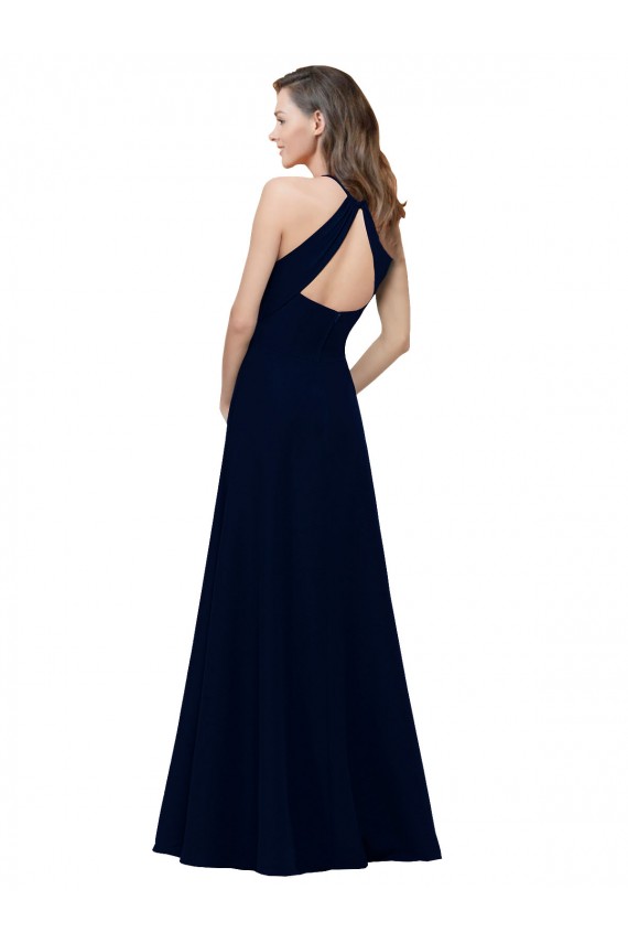 High Neck Crepe Prom Dress with Pleats and Keyhole Back UK Clearance