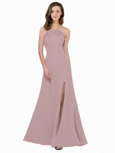 High Neck Crepe Prom Dress with Pleats and Keyhole Back UK Clearance