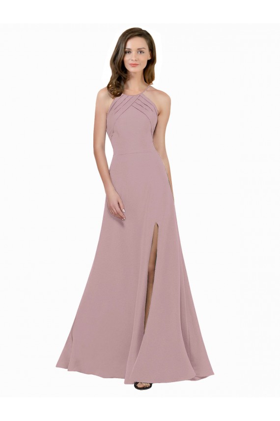 High Neck Crepe Prom Dress with Pleats and Keyhole Back UK Clearance