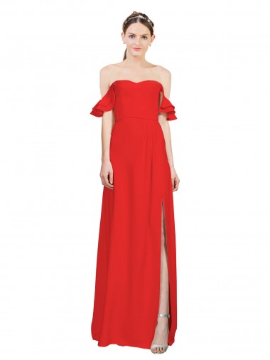 Double Ruffle Flounce Sleeves Crepe Prom Dress with Slit UK Clearance