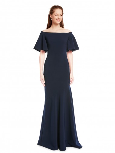 Off the Shoulder Crepe Prom Dress with Short Ruffle Sleeves. UK Clearance