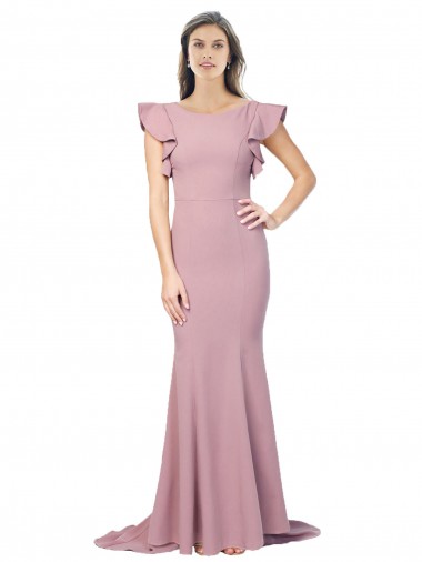 Flutter Sleeves Low V-Back High Round Neck Crepe Prom Dress UK Clearance