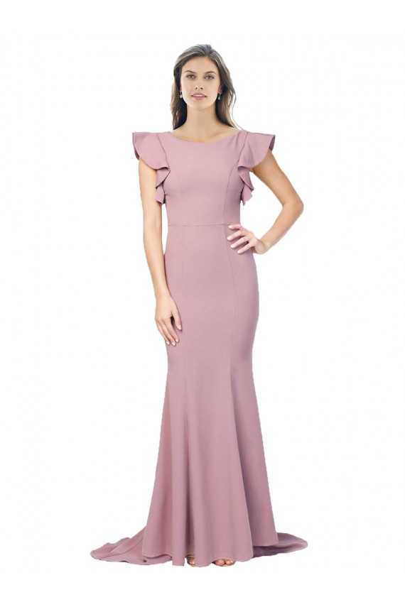 Flutter Sleeves Low V-Back High Round Neck Crepe Prom Dress UK Clearance