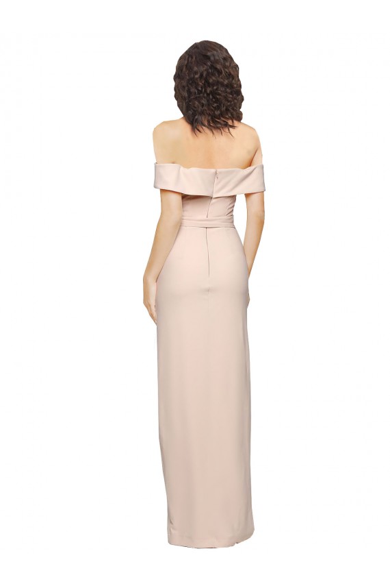 Off the Shoulder Long Crepe Prom Dress with Waist Tie and Slit UK Clearance