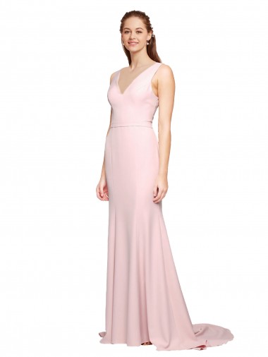 Deep V-Neckline and Back Long Sweep Train Crepe Prom Dress with Shoulder Straps UK Clearance