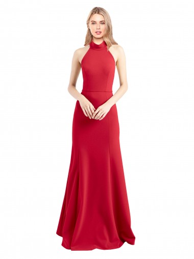 Sleek Fit and Flare High Neck Halter Stretch Crepe Prom Dress with Open Back UK Clearance