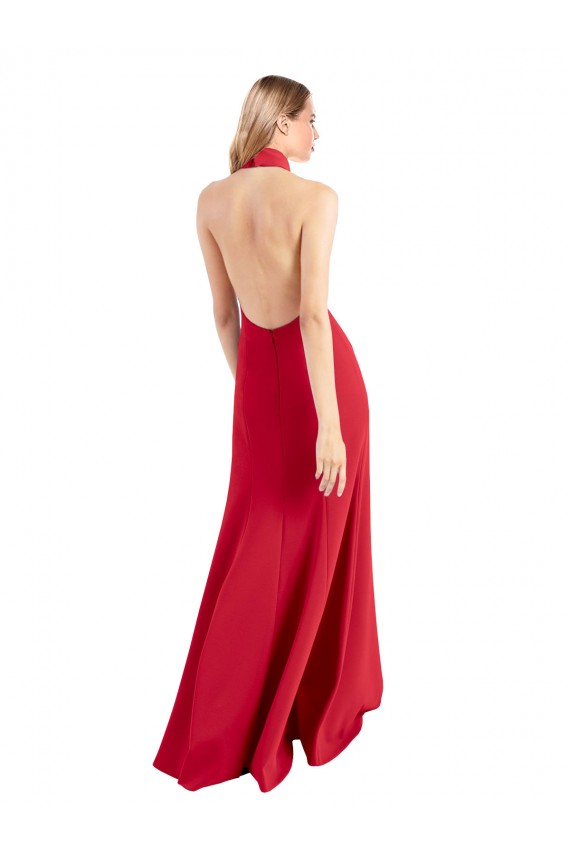 Sleek Fit and Flare High Neck Halter Stretch Crepe Prom Dress with Open Back UK Clearance