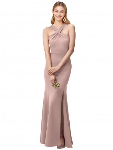 Long Floor Length High Neck Fit and Flare Stretch Crepe Prom Dress with Side Slit UK Clearance