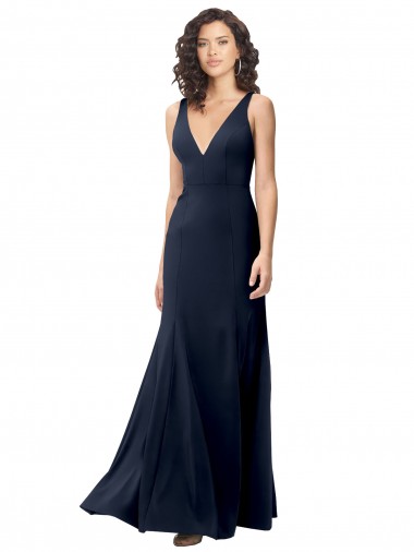 Classic V-Neck Long Stretch Crepe Prom Dress with V-Back UK Clearance