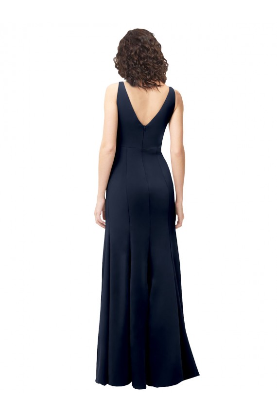 Classic V-Neck Long Stretch Crepe Prom Dress with V-Back UK Clearance