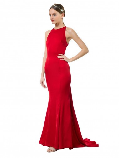 High Neck Mermaid Open Back Crepe Maxi Prom Dress with Train Detail UK Clearance