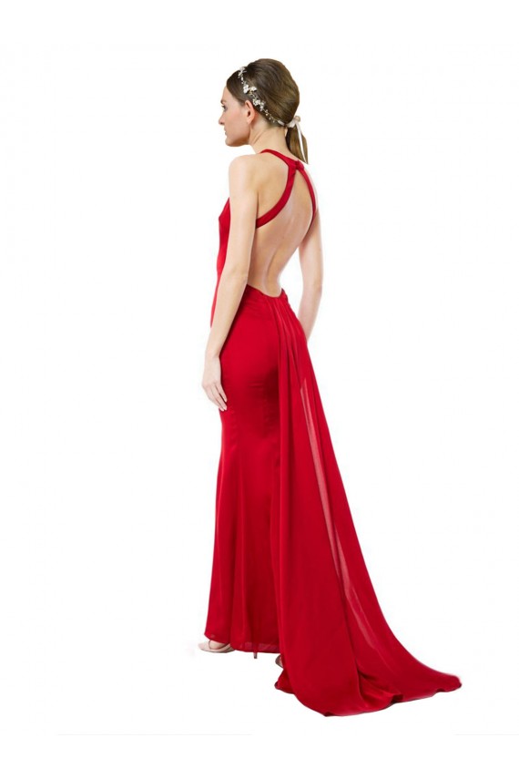 High Neck Mermaid Open Back Crepe Maxi Prom Dress with Train Detail UK Clearance