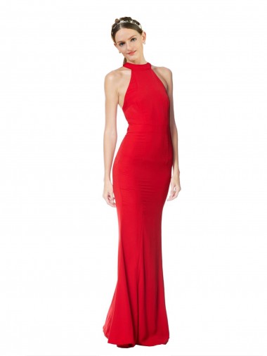 Halter Neck Keyhole Back Sleeveless Crepe Maxi Prom Dress UK Clearance