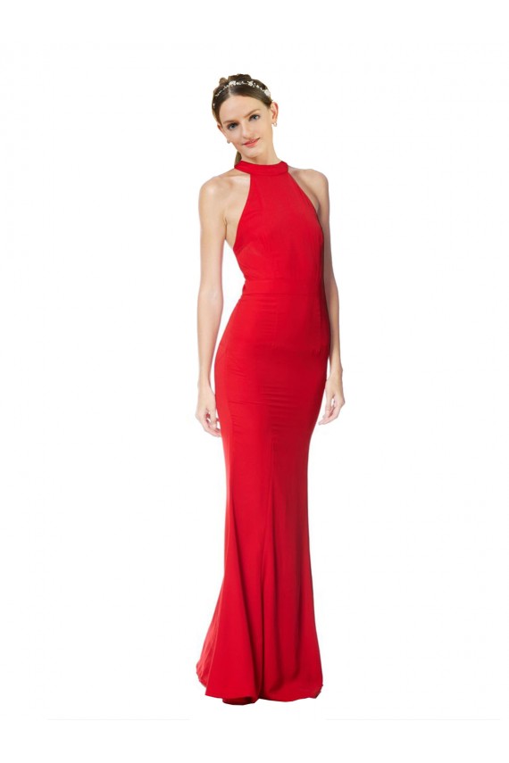 Halter Neck Keyhole Back Sleeveless Crepe Maxi Prom Dress UK Clearance