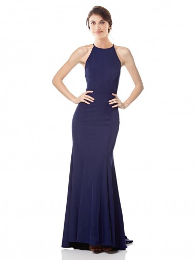 High Neck Fishtail Crepe Prom Dress with Open Back Detail UK Clearance