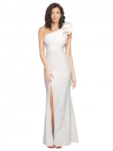 One Shoulder Long Full Length Crepe Prom Dress with Ruffles and Side Split UK Clearance