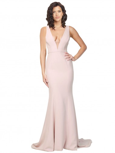 Deep Plunging V-Neckline Full Length Crepe Prom Dress with Deep V-Backline UK Clearance