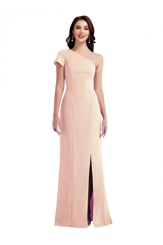 One Shoulder Cap Sleeves Trumpet Crepe Prom Dress with Front Slit UK Clearance