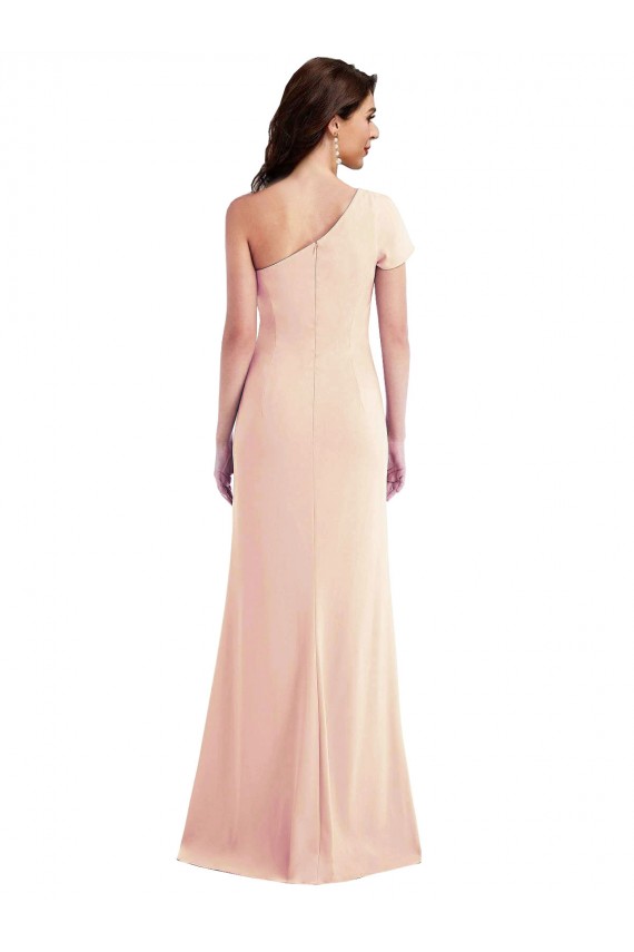 One Shoulder Cap Sleeves Trumpet Crepe Prom Dress with Front Slit UK Clearance