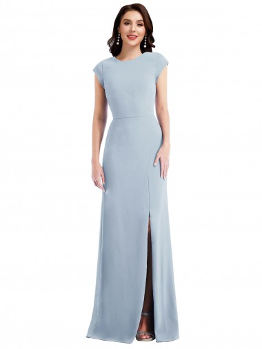 Cap Sleeve Open Back Trumpet Crepe Prom Dress with Front Slit UK Clearance