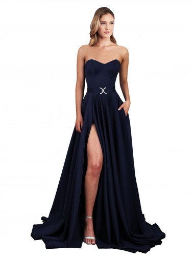 Sweetheart Neckline Low Back Long Crepe Prom Dress with High Leg Spit & Pockets UK Clearance