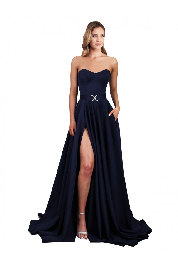 Sweetheart Neckline Low Back Long Crepe Prom Dress with High Leg Spit & Pockets UK Clearance