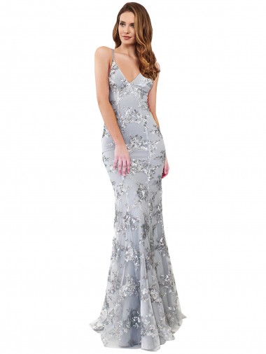 Silver V-Neckline Backless Floral Patterned Sequin Prom Dress UK Clearance