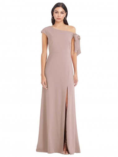 Off the Shoulder Tie Detail Maxi Crepe Prom Dress with Front Slit UK Clearance