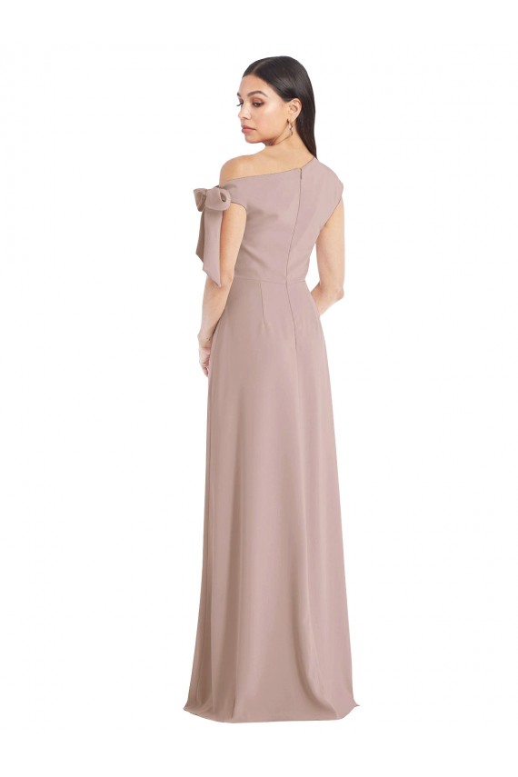 Off the Shoulder Tie Detail Maxi Crepe Prom Dress with Front Slit UK Clearance