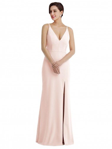 Skinny Strap Deep V-Neck Trumpet Crepe Prom Dress with Front Slit UK Clearance