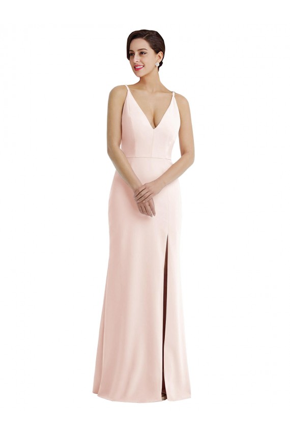 Skinny Strap Deep V-Neck Trumpet Crepe Prom Dress with Front Slit UK Clearance