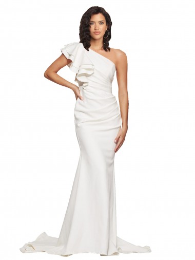 Ruched Long Sweep Train Crepe Prom Dress with Shoulder Ruffles UK Clearance