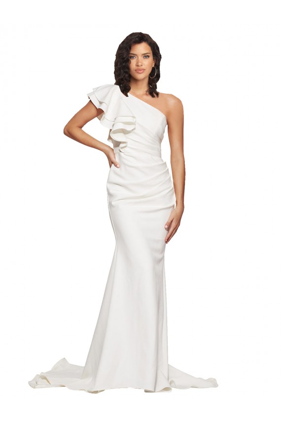 Ruched Long Sweep Train Crepe Prom Dress with Shoulder Ruffles UK Clearance