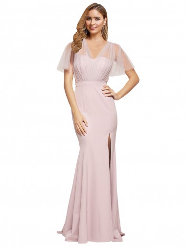 Crepe Long Sweetheart Neckline Prom Dress with Tulle Overlay Shoulders UK Clearance