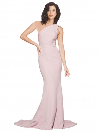 Long Sweep Train One Shoulder Crepe Prom Dress with Side Leg Split UK Clearance