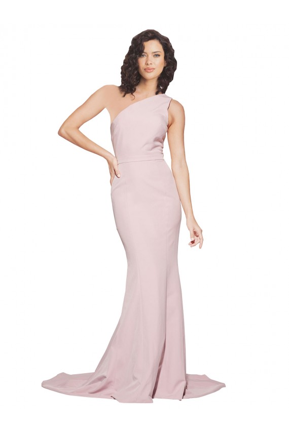 Long Sweep Train One Shoulder Crepe Prom Dress with Side Leg Split UK Clearance