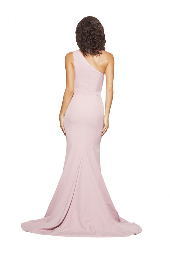 Long Sweep Train One Shoulder Crepe Prom Dress with Side Leg Split UK Clearance